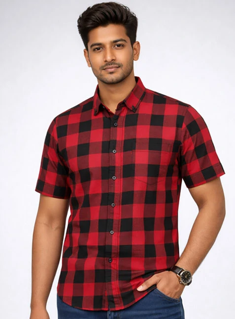 Man-red-check-linen-half-shirt men's linen shirt