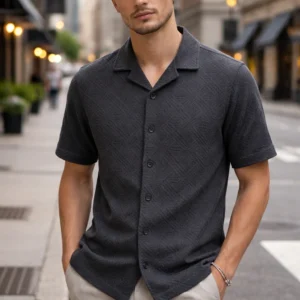 Textured Premium Open Collar Knit Half Shirt - Black