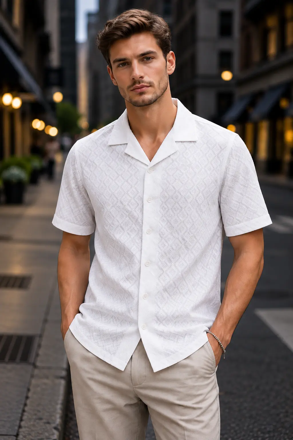 Textured Premium Open Collar Knit Half Shirt - White