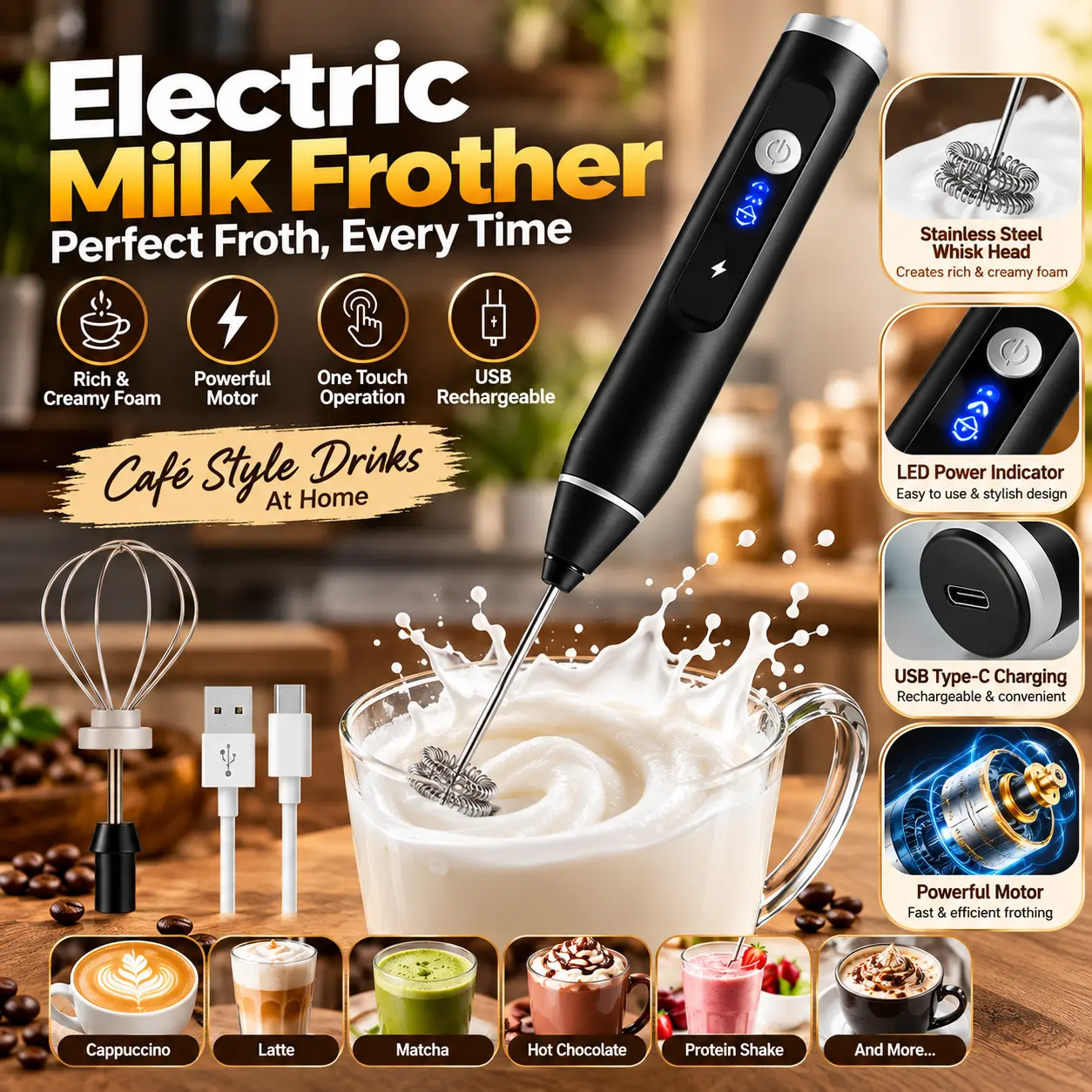 Premium Electric Milk Frother | USB Rechargeable Coffee & Milk Foam Maker - Image 2