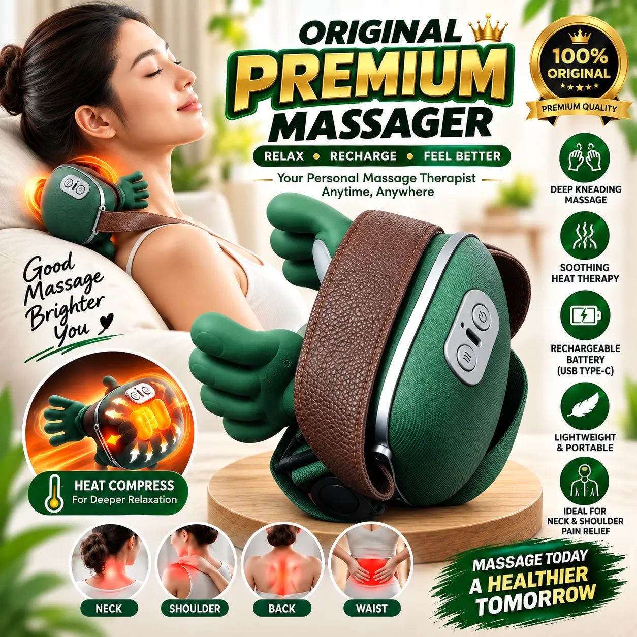 Best Quality 100% Original Premium 4D Neck & Shoulder Massager USB Type C Rechargeable Very Comfortable Realistic Hand Massager