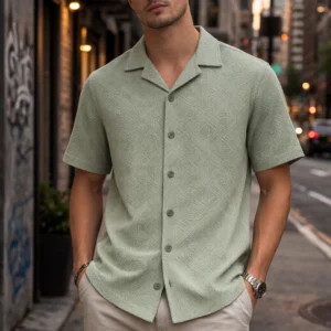 Textured Premium Open Collar Knit Half Shirt - Sage Green
